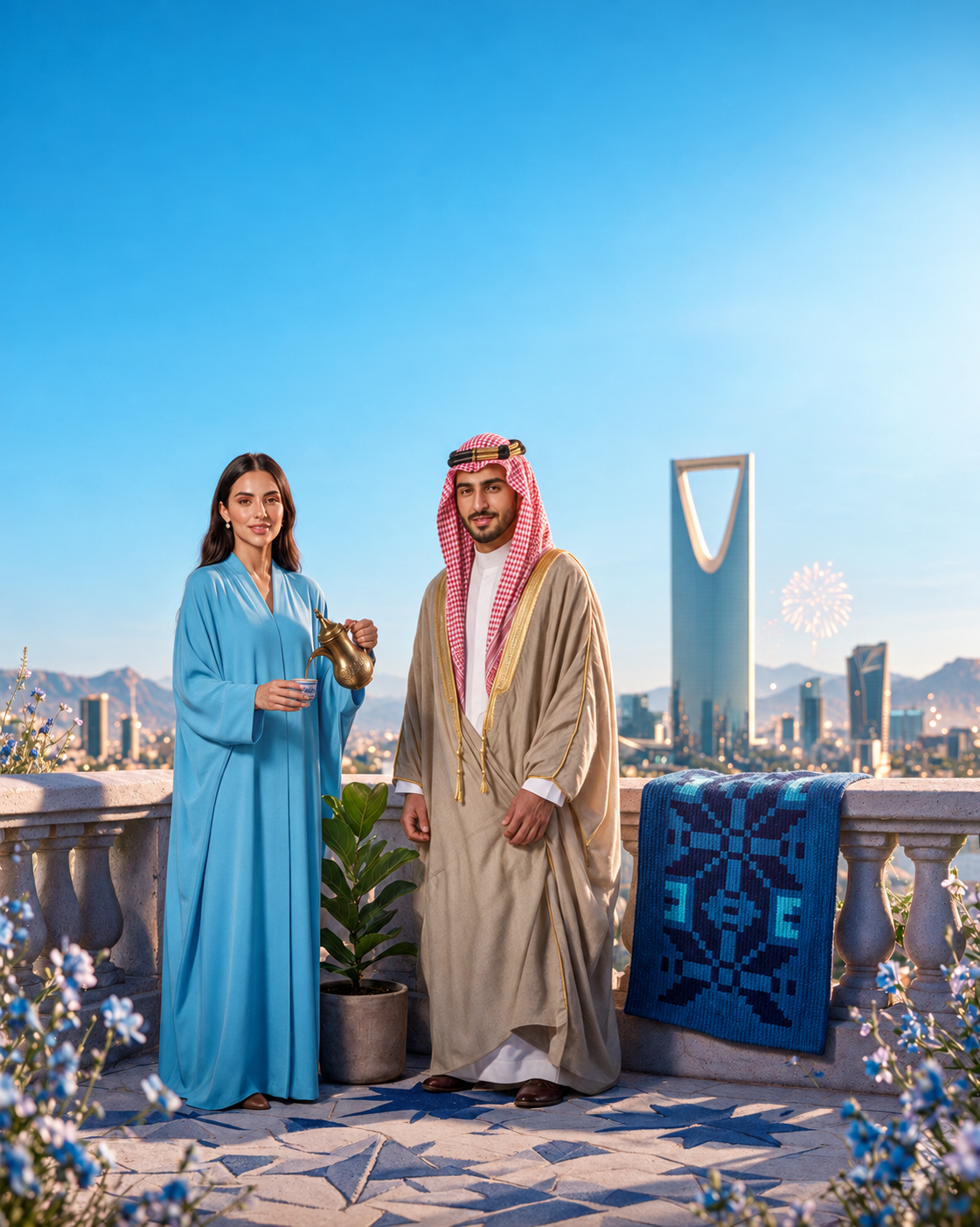 سيدة تقدم القهوة العربية ورجل بالزي السعودي على شرفة تطل على الرياض وبرج المملكة، بألوان الحملة السماوية